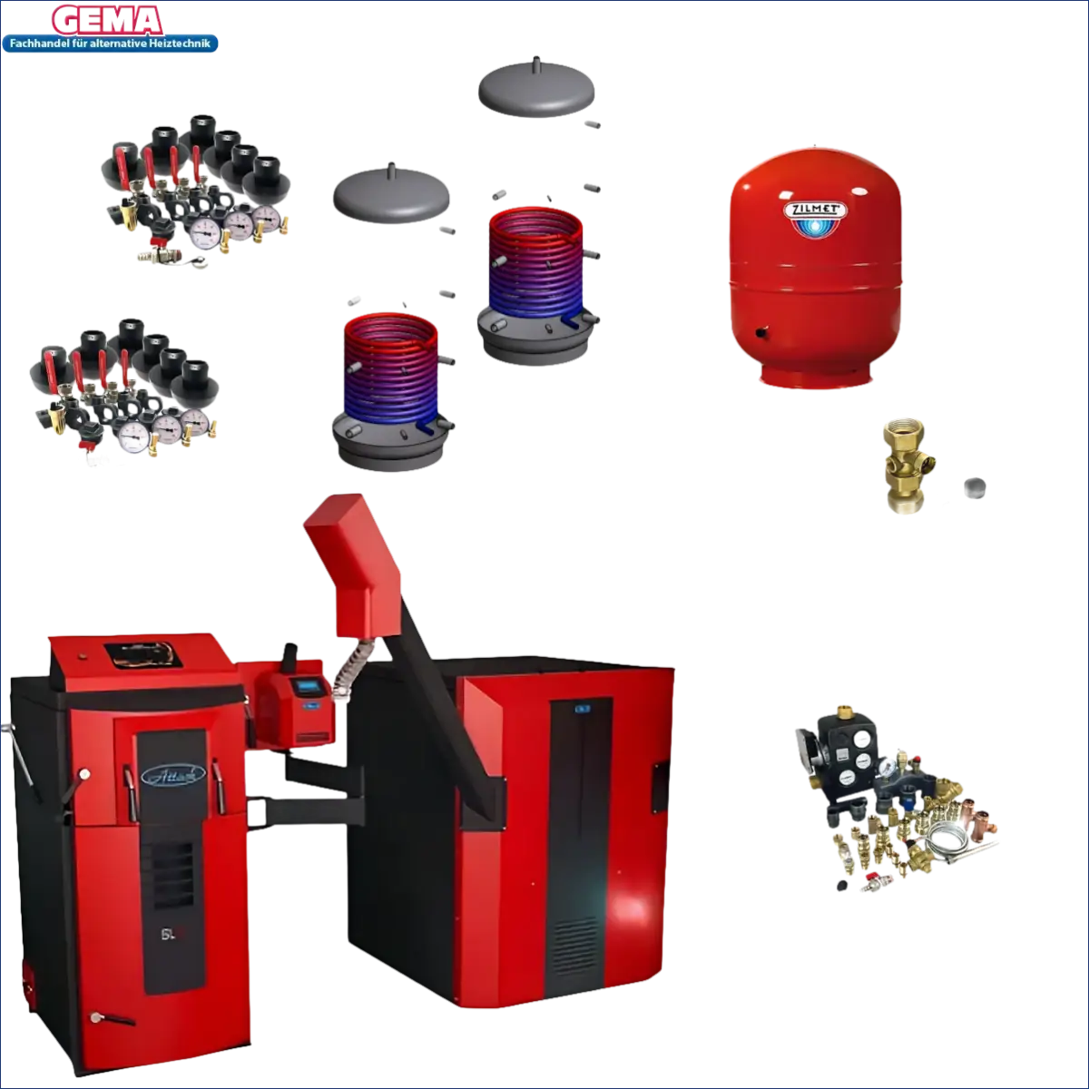 Heizungskomponenten des roten und schwarzen Pelletskesselsystems mit Pufferspeicher