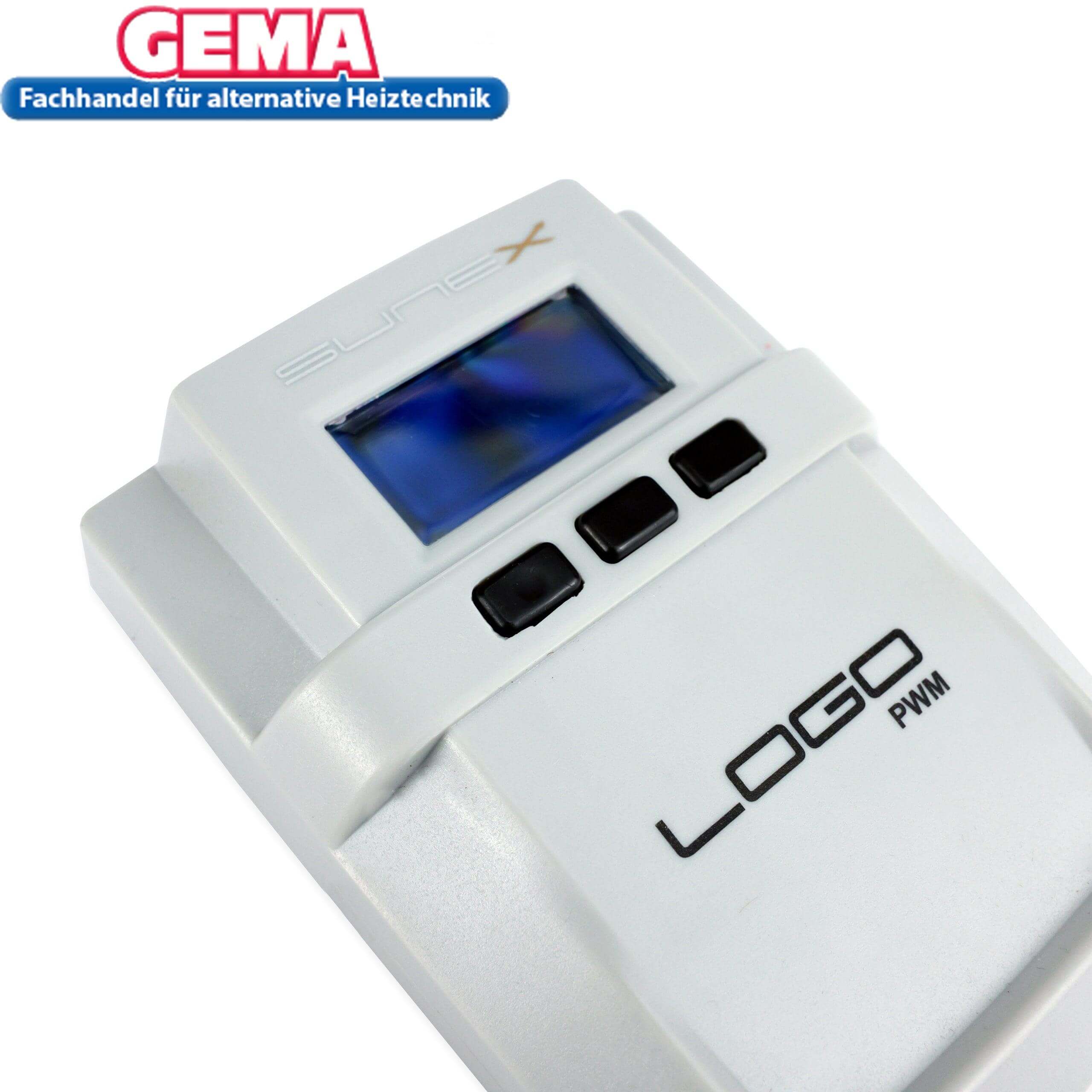Display of the Sunex LOGO PWM control unit for heating technology 🌞❄️ with buttons and screen.