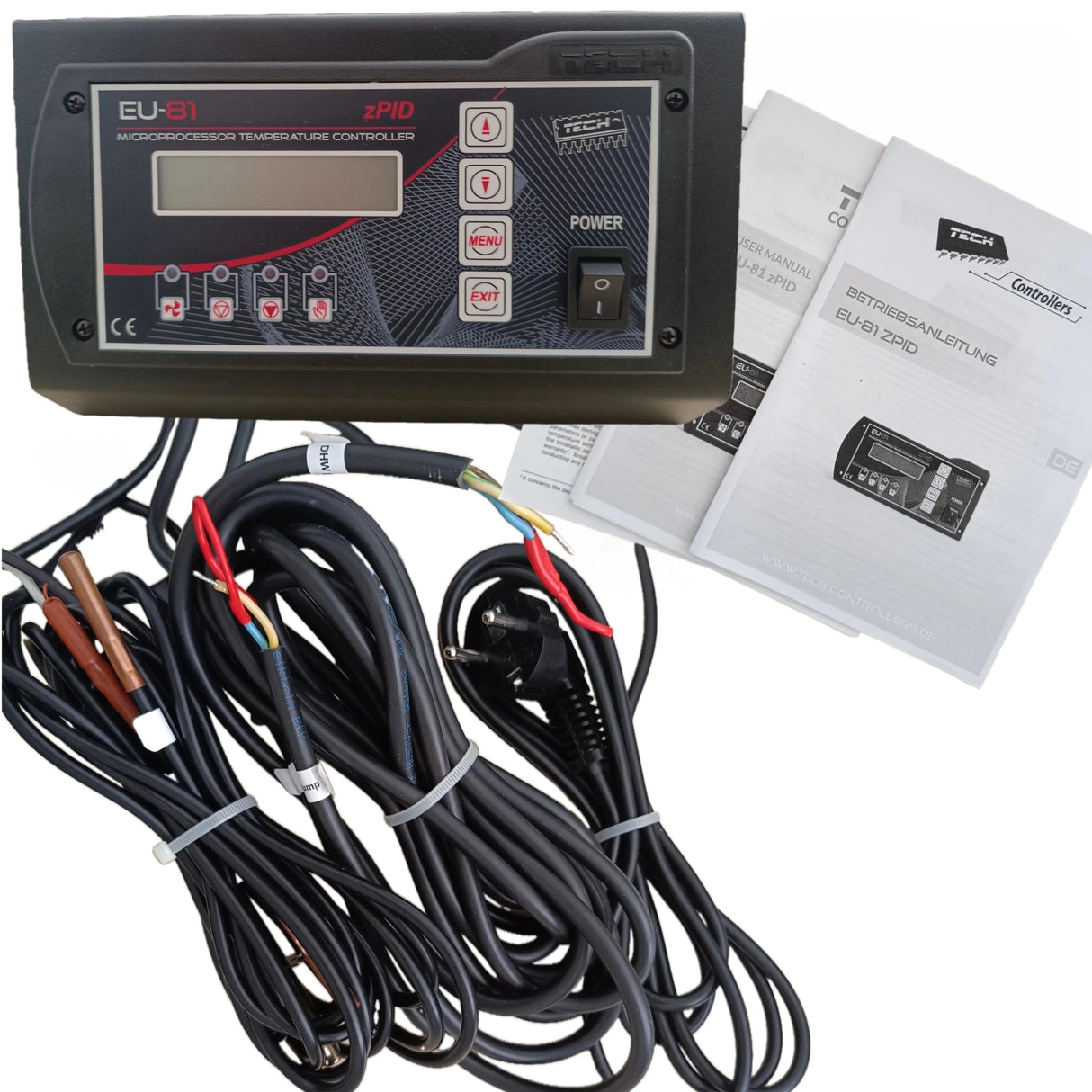TECH EU-81 zPID HG Kesselsteuerung für Holzvergaserkessel mit Bedienungsanleitung und Kabeln.