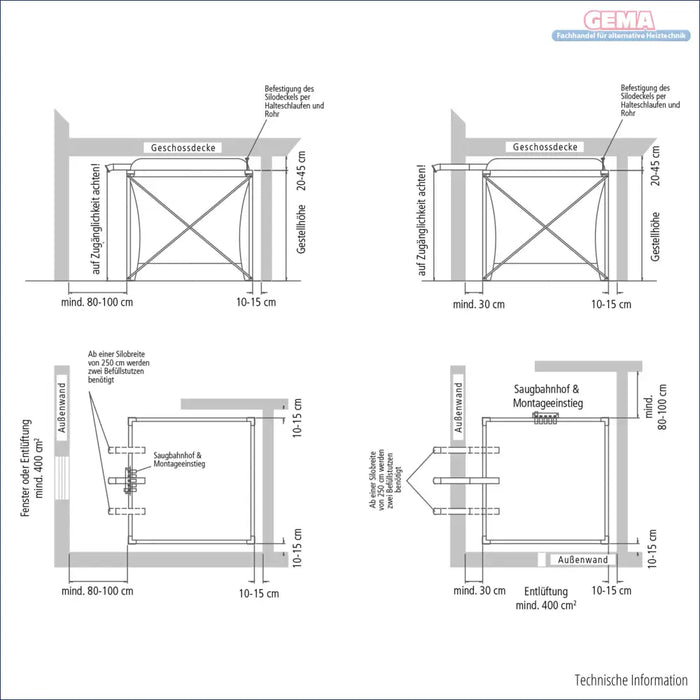 Technische Diagramme des Dachbodenzugangs für Flexilo Flachbodensilo