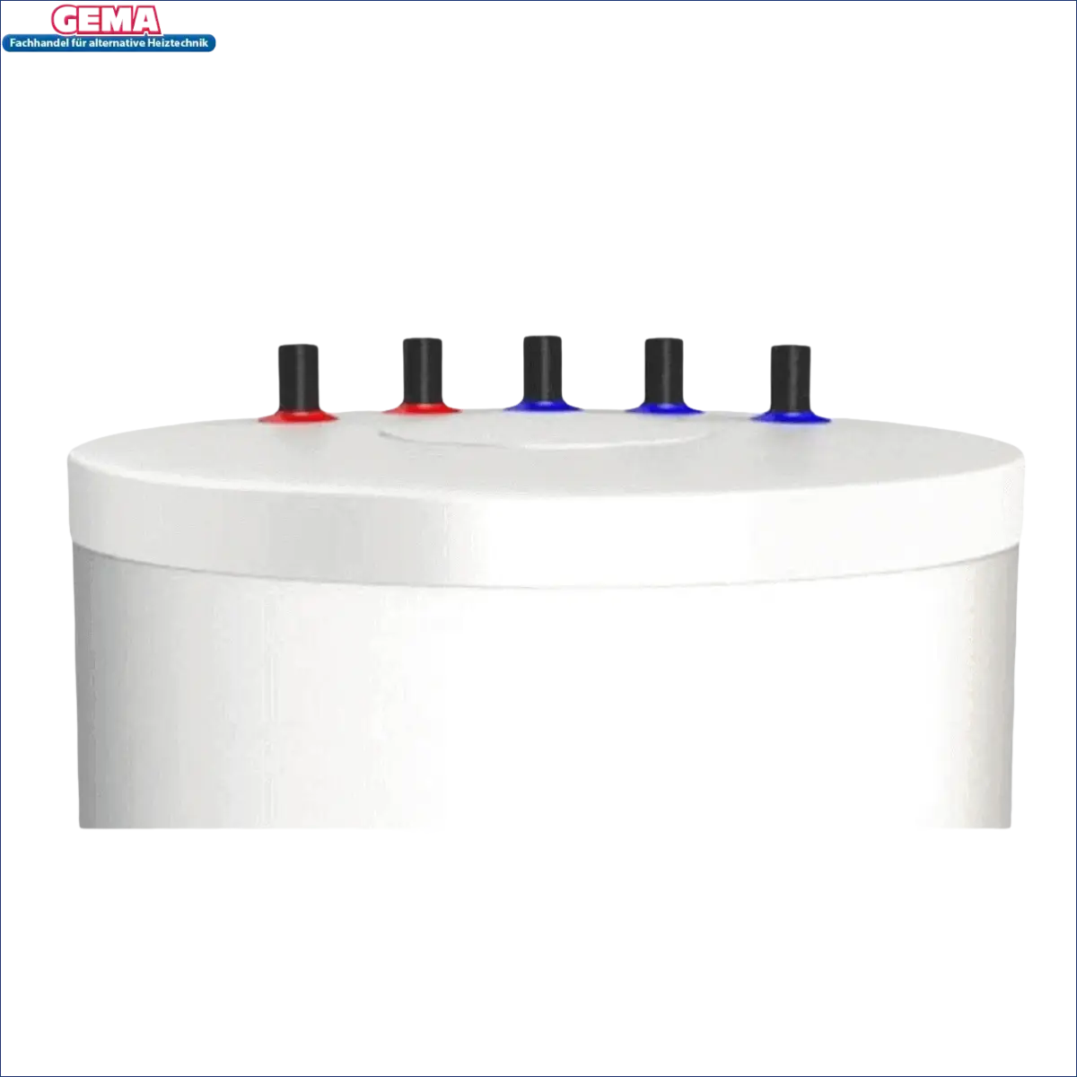 Weißer zylindrischer Trinkwasserspeicher mit fünf schwarzen Ventilen und 2 kW Heizelement