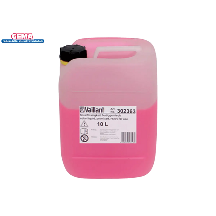 Vaillant 10L solar liquid in a pink container, ready for use in solar systems, promoting efficient energy solutions.