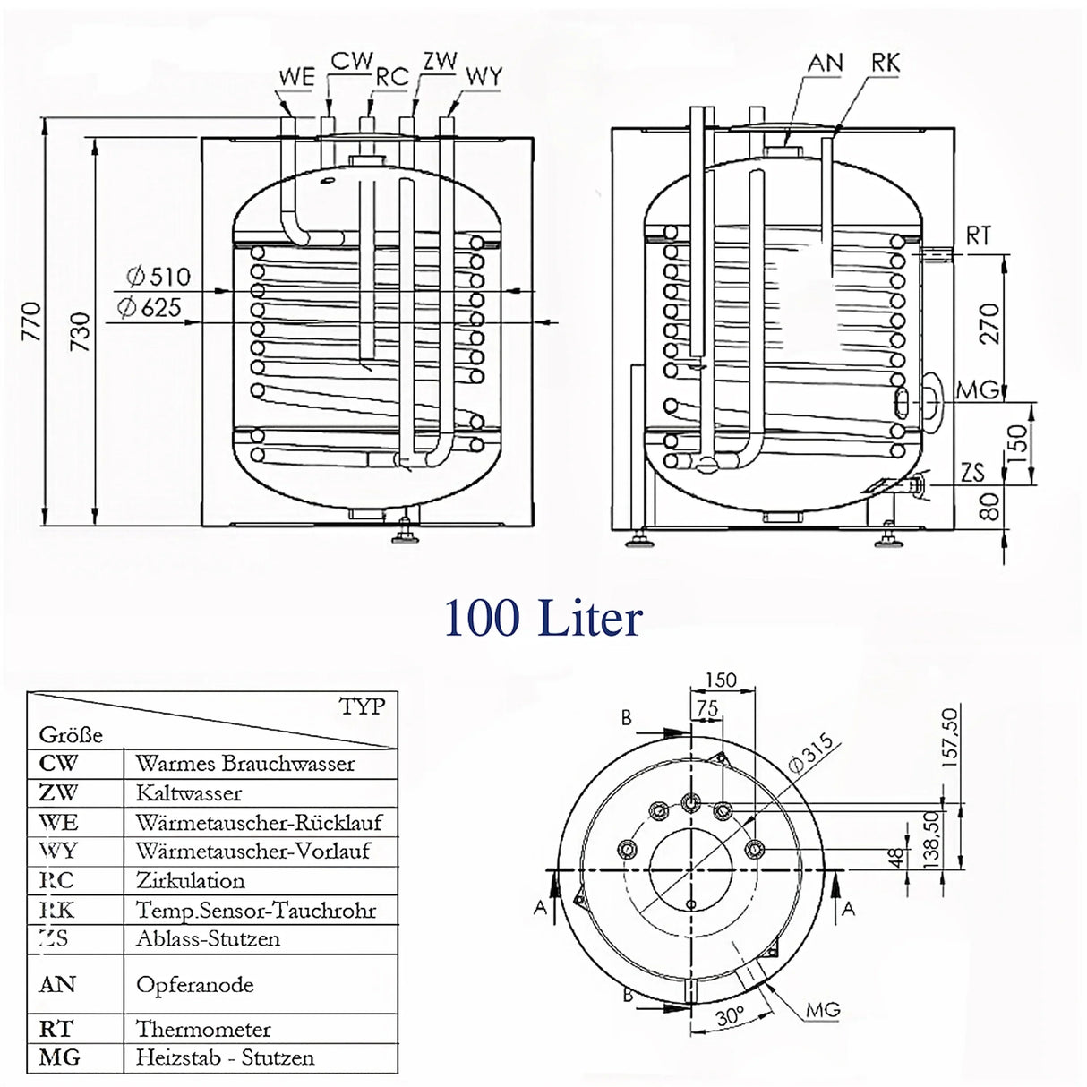 Warmwasserspeicher Trinkwasserspeicher 100 Liter mit 11/2" Anschluss für PV.