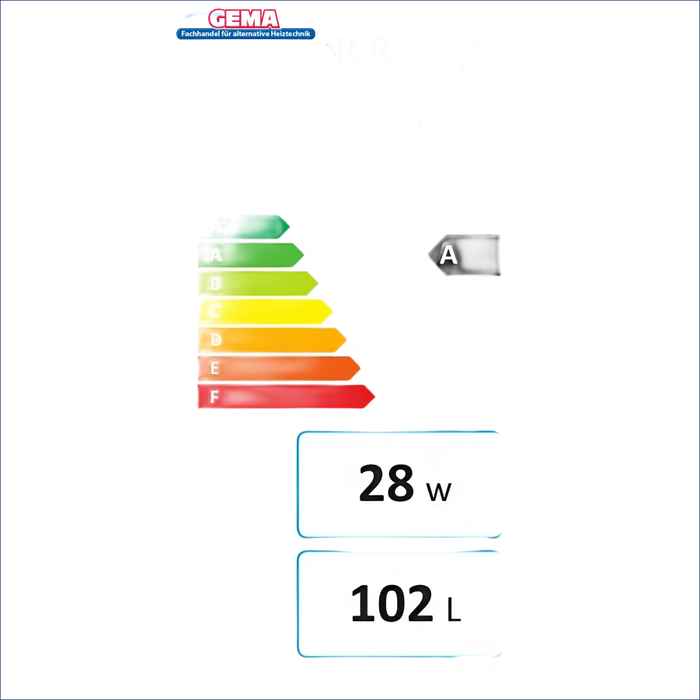 Energieeffizienzlabel für Trinkwasserspeicher 100L, Energiekategorie A, 28W Verbrauch, 102L Kapazität.