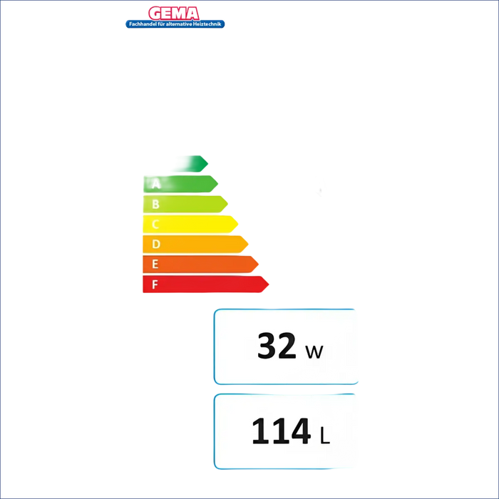 Energielabel für Warmwasserspeicher mit A-Klasse, 32 W Verbrauch und 114 Liter Kapazität. 📊💧