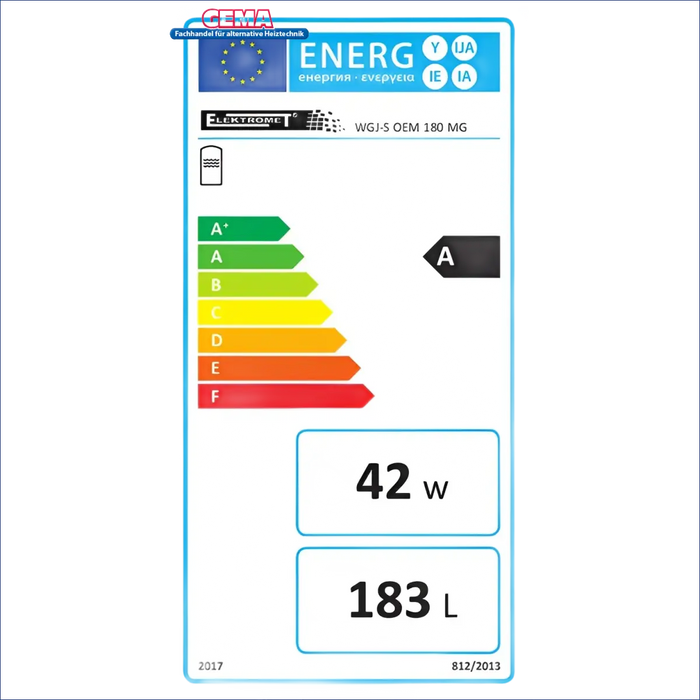 Energieeffizienzlabel für Warmwasserspeicher: A+, 42 W Verbrauch, 183 L Volumen. Ideal für effiziente Warmwasserbereitung 💧⚡