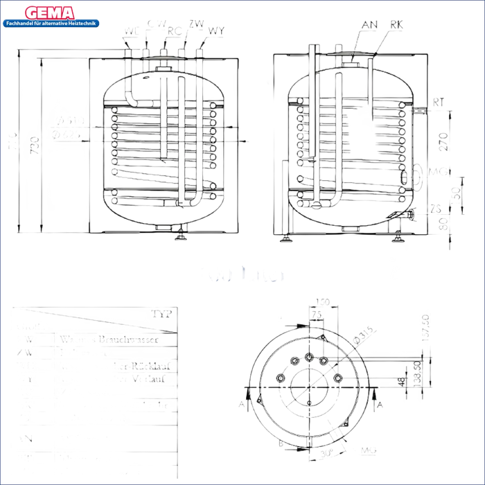 Diagramm eines 100-Liter Warmwasserspeichers mit Heizstab für PV-Solarstrom ⚡💧