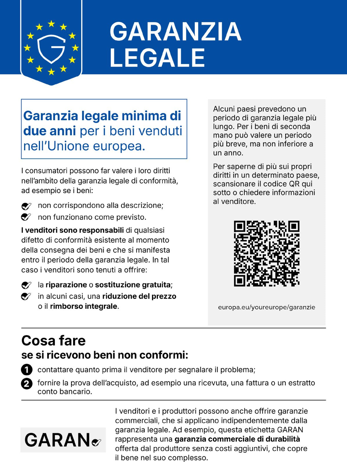 Avviso armonizzato dell’UE sulla garanzia legale di conformità
